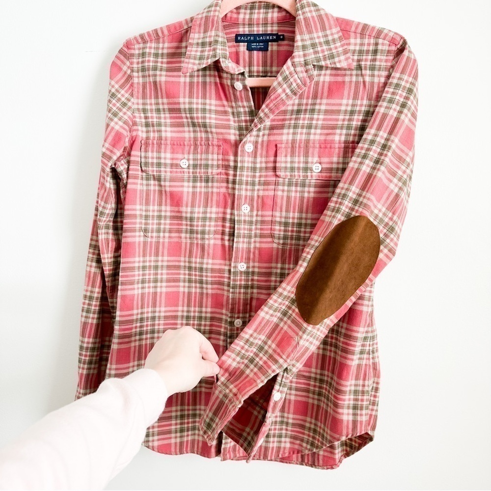 Ralph Lauren Red Green Plaid Button Down Shirt w Brown Suede Elbow Patches sz 8 - Picture 2 of 4
